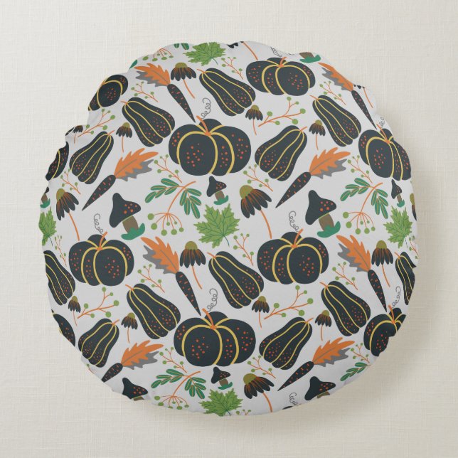 Pumpkin seamless pattern carrot black and white round cushion (Front)