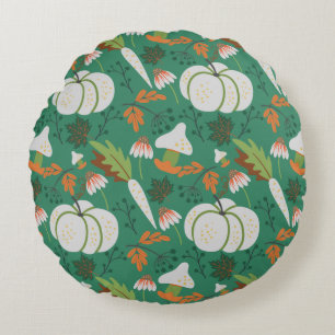 Pumpkin seamless pattern carrots and mushrooms round cushion
