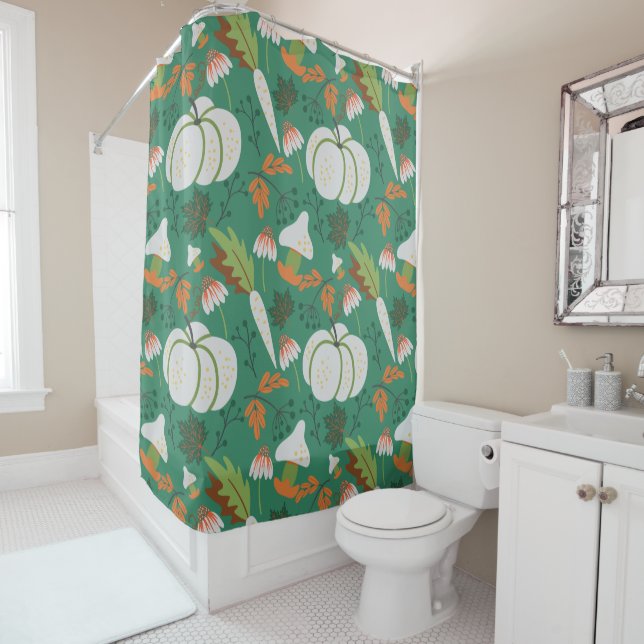 Pumpkin seamless pattern carrots and mushrooms shower curtain (In Situ)