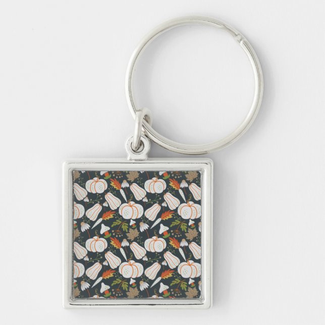 Pumpkin seamless pattern floral black and white key ring (Front)