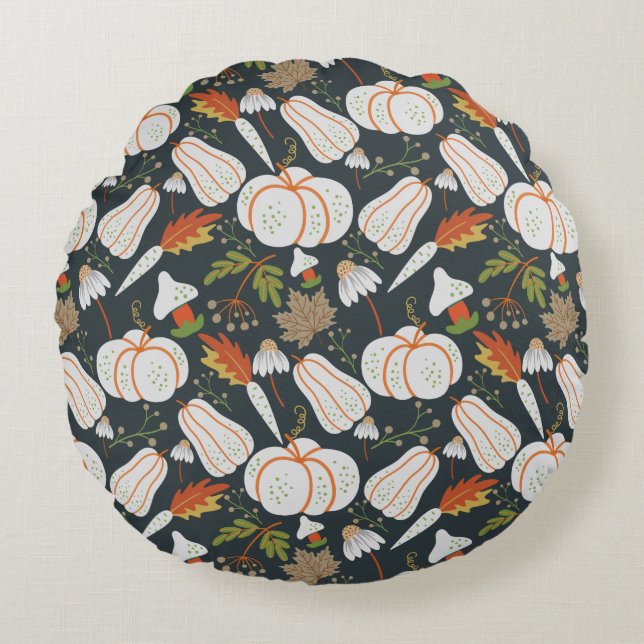 Pumpkin seamless pattern floral black and white round cushion (Front)