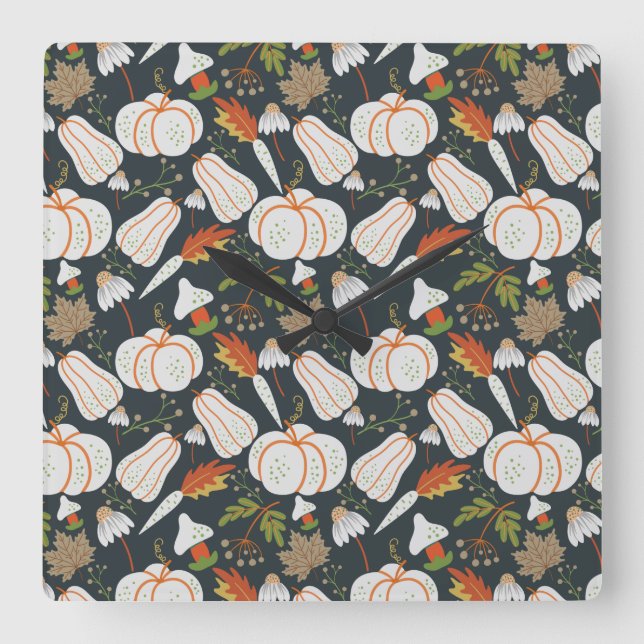 Pumpkin seamless pattern floral black and white square wall clock (Front)