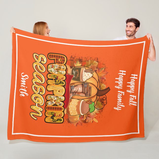 Pumpkin Season Autumn Customise Text and Colour Fleece Blanket (In Situ)