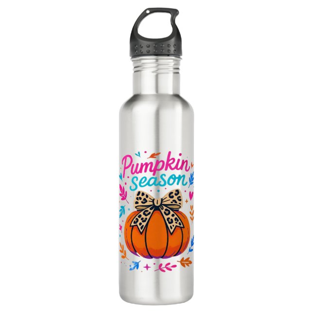 Pumpkin Season Leopard Bow Design – Cute Fall Aest 710 Ml Water Bottle (Front)