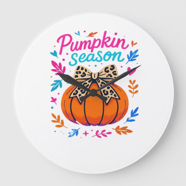 Pumpkin Season Leopard Bow Design � Cute Fall Aest Large Clock (Front)