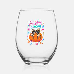 Pumpkin Season Leopard Bow Design � Cute Fall Aest Stemless Wine Glass