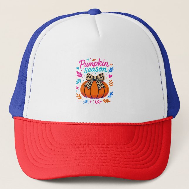 Pumpkin Season Leopard Bow Design – Cute Fall Aest Trucker Hat (Front)