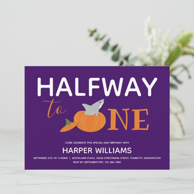 Pumpkin Shark Six Month Baby Half Birthday Invitation (Standing Front)