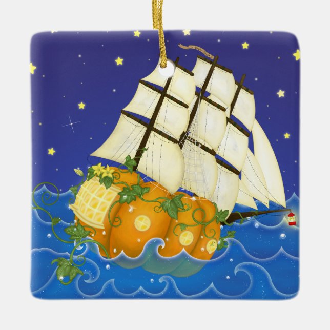 Pumpkin Ship at Sea Magical Fairytale Ceramic Ornament (Front)