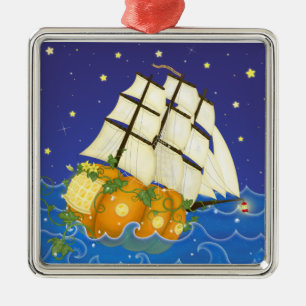 Pumpkin Ship at Sea Metal Tree Decoration