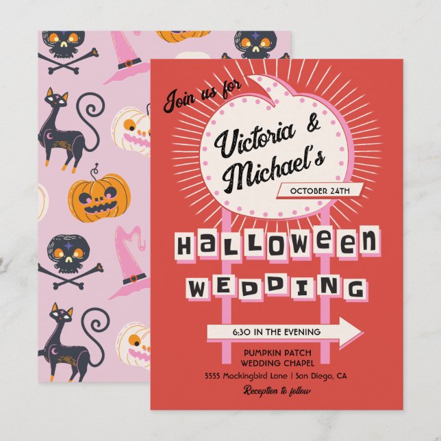 Pumpkin sign Mod Halloween Wedding Invitation (Front/Back)