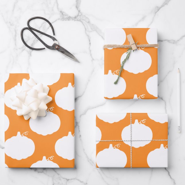 Pumpkin Silhouette Pattern Orange White Wrapping Paper Sheet (Front)