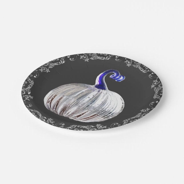 Pumpkin silver glass blue fall elegant  paper plate (Angled)