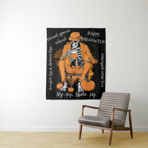 Pumpkin Sips Skeleton Tips Wall Hanging, Halloween Tapestry