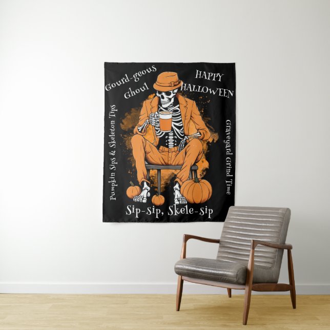 Pumpkin Sips Skeleton Tips Wall Hanging, Halloween Tapestry (In Situ)