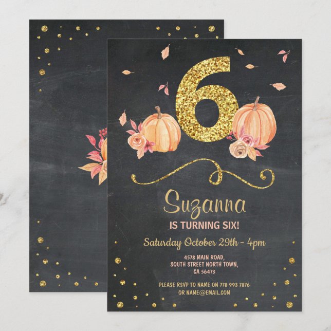 Pumpkin SIX Birthday 6TH Fall Chalk Gold Invite (Front/Back)