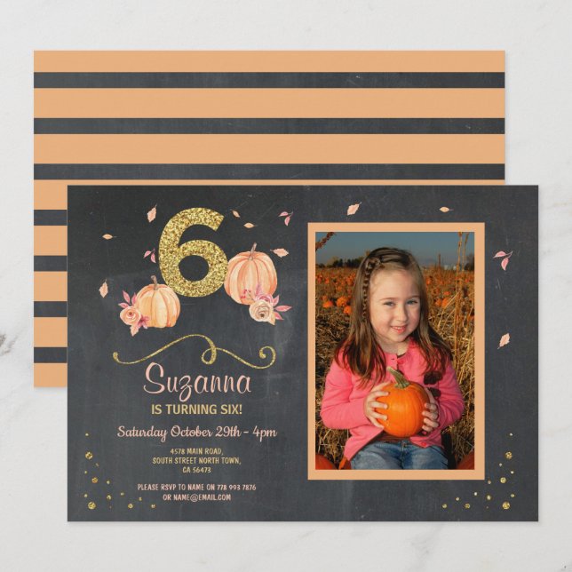 Pumpkin SIX Birthday 6TH Fall Party Photo Invite (Front/Back)