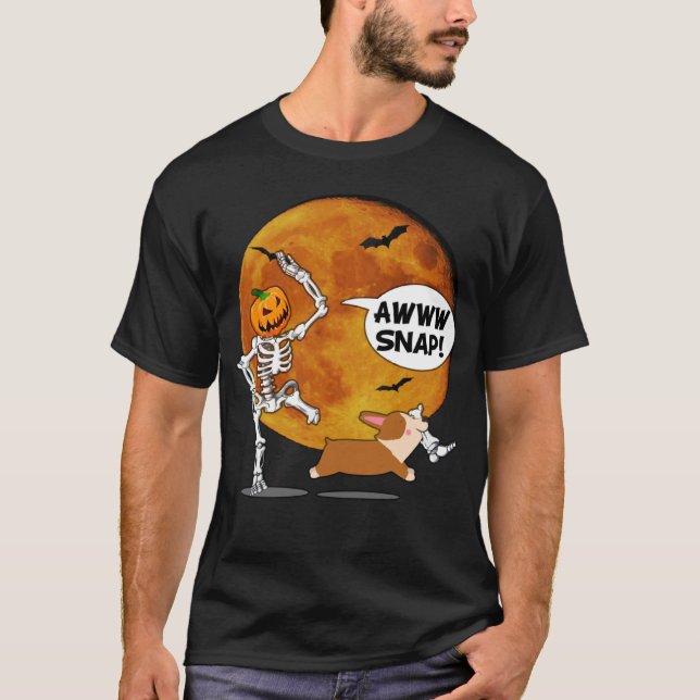 Pumpkin Skeleton Broken Leg Halloween Corgi T-Shirt (Front)