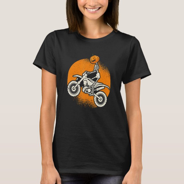 Pumpkin Skeleton Dirt Bike Rider Halloween Motocro T-Shirt (Front)