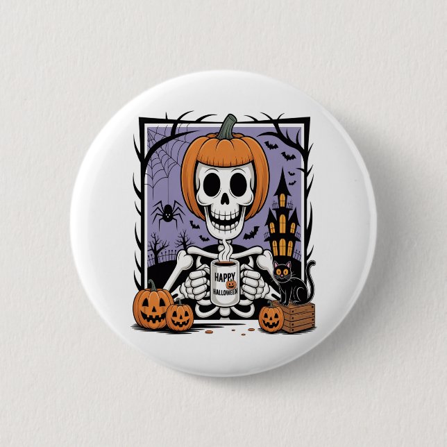 Pumpkin Skeleton Drinking Coffee 6 Cm Round Badge (Front)
