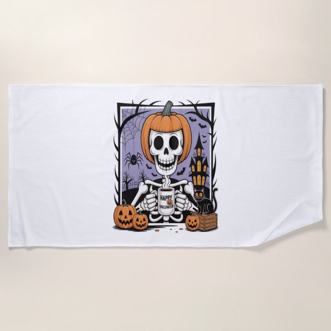 Pumpkin Skeleton Drinking Coffee Beach Towel (Front)