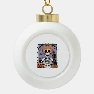 Pumpkin Skeleton Drinking Coffee Ceramic Ball Christmas Ornament