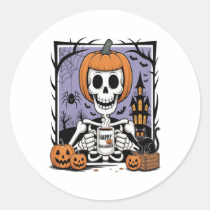 Pumpkin Skeleton Drinking Coffee Classic Round Sticker