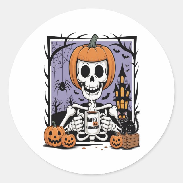 Pumpkin Skeleton Drinking Coffee Classic Round Sticker (Front)