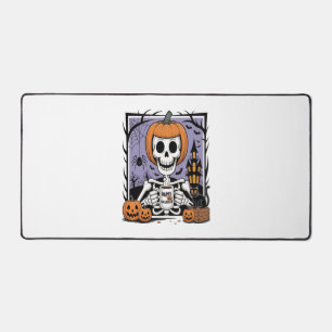 Pumpkin Skeleton Drinking Coffee Desk Mat