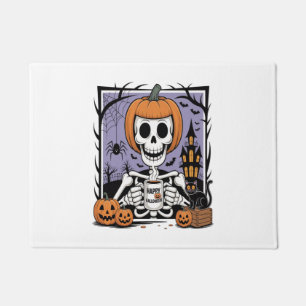 Pumpkin Skeleton Drinking Coffee Doormat