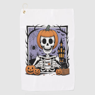 Pumpkin Skeleton Drinking Coffee Golf Towel