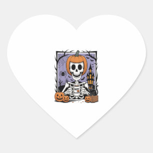 Pumpkin Skeleton Drinking Coffee Heart Sticker