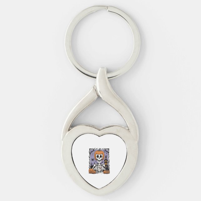 Pumpkin Skeleton Drinking Coffee Key Ring (Front)