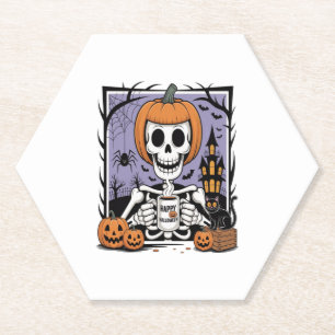 Pumpkin Skeleton Drinking Coffee Paper Coaster