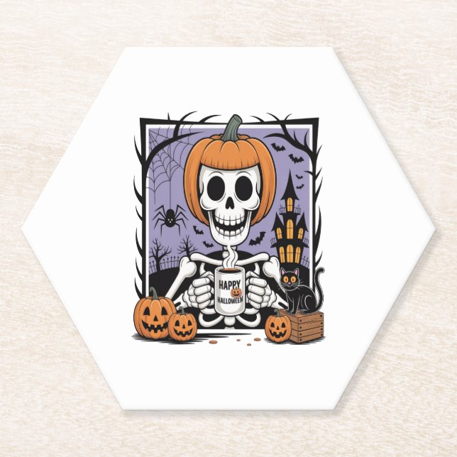 Pumpkin Skeleton Drinking Coffee Paper Coaster (Front)