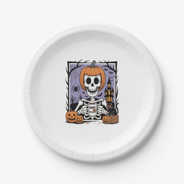 Pumpkin Skeleton Drinking Coffee Paper Plate (Front)