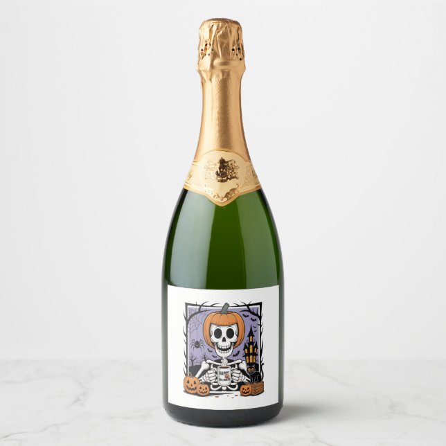 Pumpkin Skeleton Drinking Coffee Sparkling Wine Label (Front)