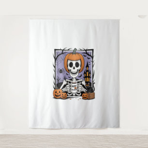 Pumpkin Skeleton Drinking Coffee Tapestry