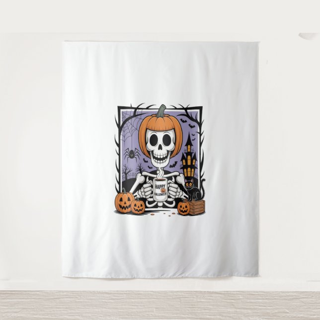 Pumpkin Skeleton Drinking Coffee Tapestry (Front)