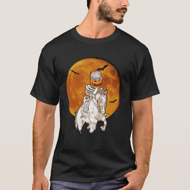 Pumpkin Skeleton Horse Racing Halloween Equestrian T-Shirt (Front)