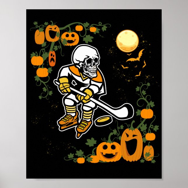 Pumpkin Skeleton Ice Hockey Halloween Sport Player Poster (Front)