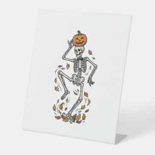 Pumpkin Skeleton Shirt Vintage Dancing Bones Art Pedestal Sign