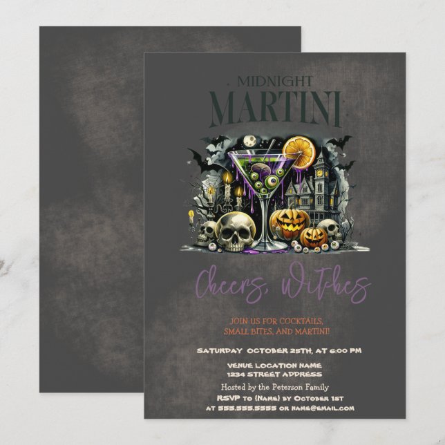 Pumpkin Skeleton Skull Martini Dark Halloween  Invitation (Front/Back)