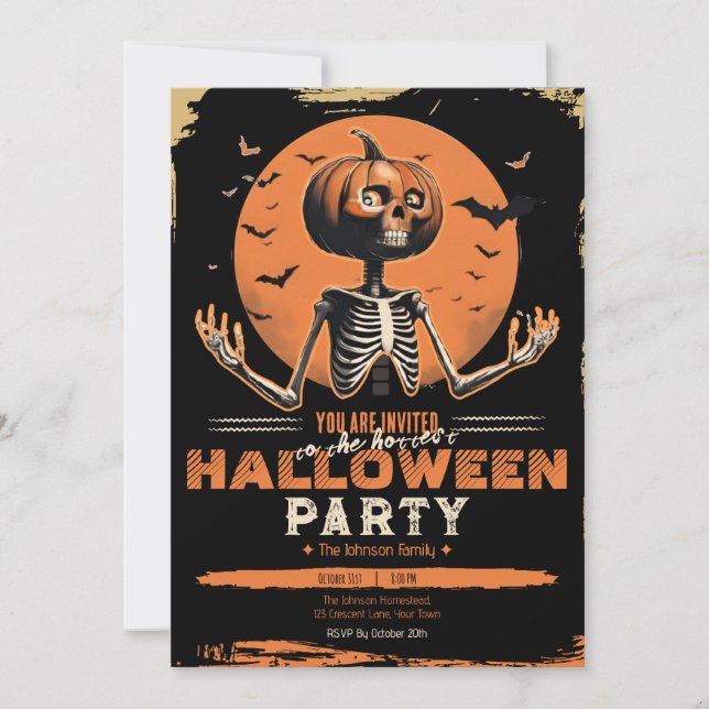 Pumpkin Skeleton Vintage Halloween Costume Party Invitation (Front)