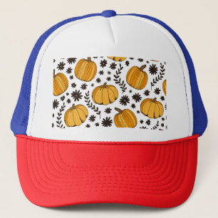 Pumpkin sketches: hand-drawn seamless pattern. trucker hat