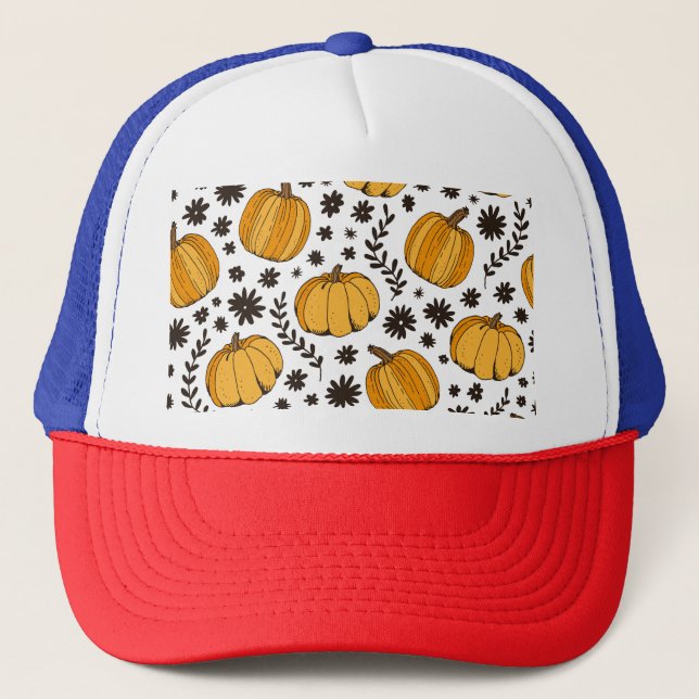 Pumpkin sketches: hand-drawn seamless pattern. trucker hat (Front)
