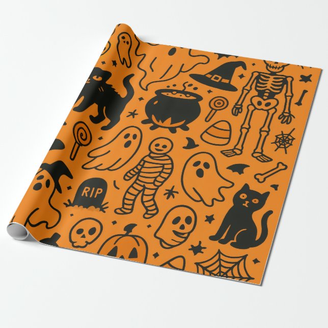 pumpkin, skull and ghost patterned wrapping paper (Unrolled)