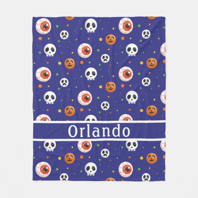 Pumpkin Skull Eyeball Blue Fleece Blanket (Front)