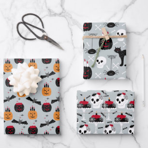 Pumpkin Skulls Black Cat Design Perfect Halloween  Wrapping Paper Sheet