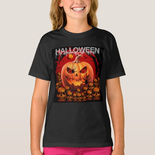 PUMPKIN SKULLS SKELETON HALLOWEEN  T-Shirt (Front)
